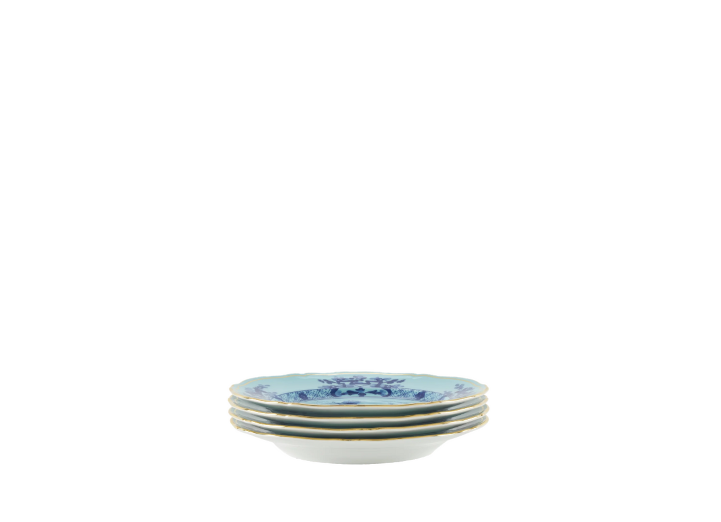 Set of four Iris dessert plates from the Oriente Italiano collection, featuring blue carnation motifs on iris blue porcelain with gold threading that outlines the Antico Doccia shape. Side view of plates.