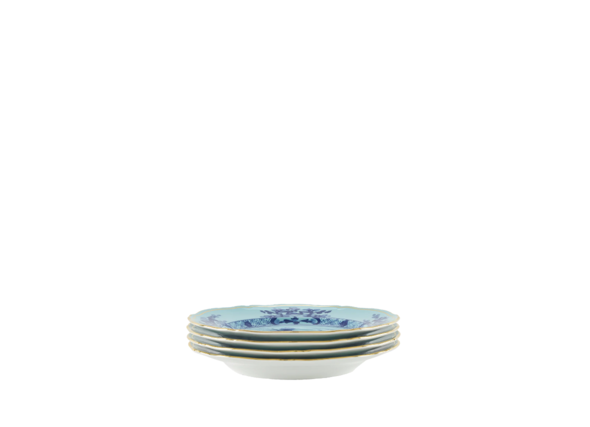 Set of four Iris dessert plates from the Oriente Italiano collection, featuring blue carnation motifs on iris blue porcelain with gold threading that outlines the Antico Doccia shape. Side view of plates.