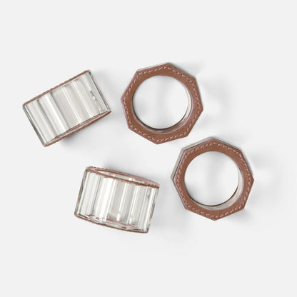 Arthur Napkin Rings, set of 4, made from tobacco full-grain leather with clear glass crystal. Luxurious and sophisticated, easy to wipe clean for practical use. Perfect for elegant table settings.