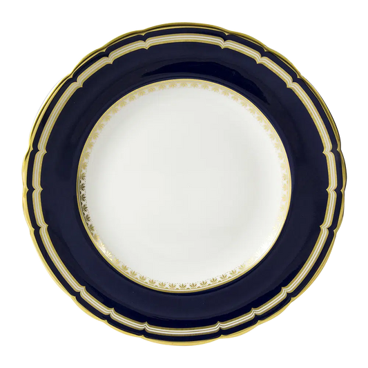 Ashbourne Salad Plate, made in England from fine bone china with 22-carat gold accents. Elegant and refined, perfect for special occasions. Diameter: 21cm (8 inches). Handwash recommended, not suitable for microwave use