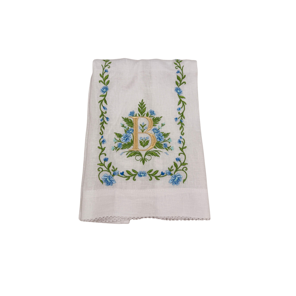 Floral Embroidered Monogram Linen Towel - Blue