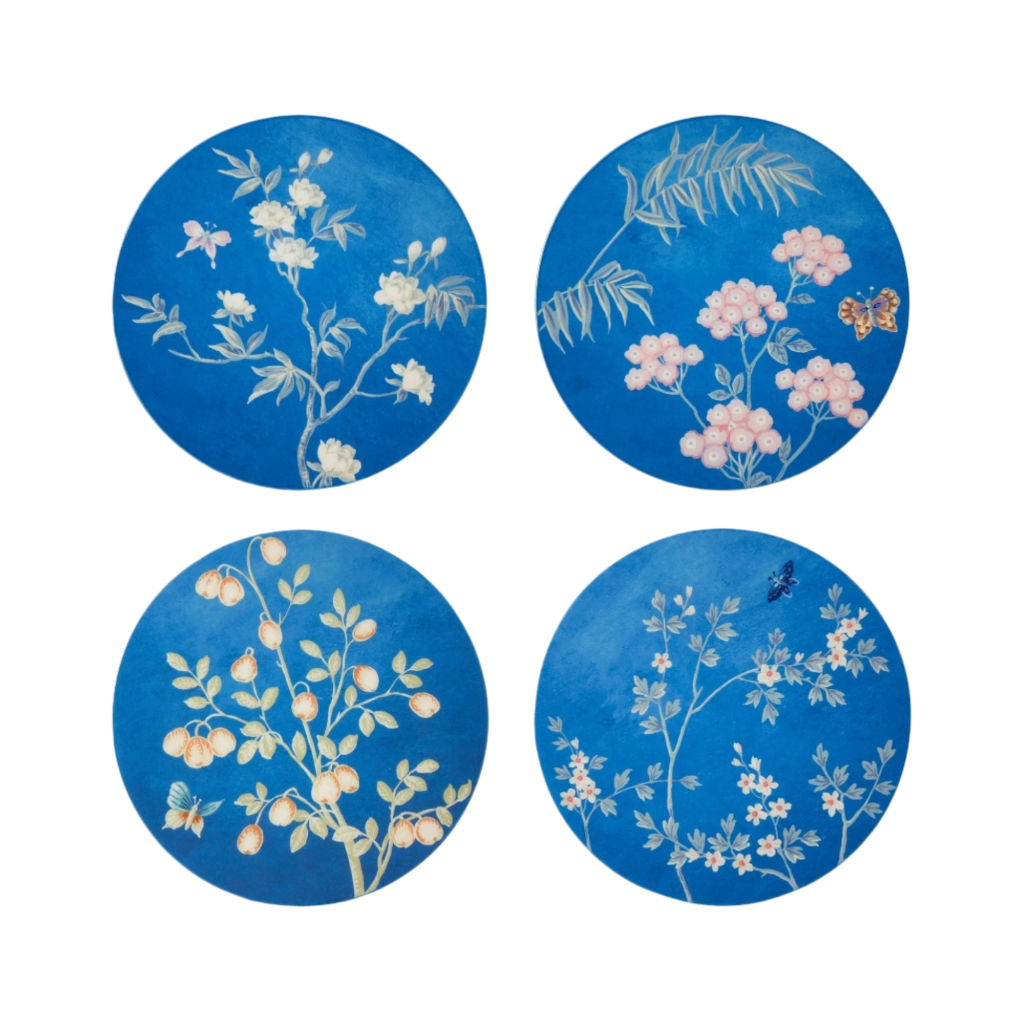 Set of 4 blue Chinoiserie lacquered coasters, exclusively designed by Sarah David Ross, featuring a high-gloss finish with 20 hand-polished lacquer coats, measuring 12 x 12 cm.