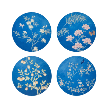 Set of 4 blue Chinoiserie lacquered coasters, exclusively designed by Sarah David Ross, featuring a high-gloss finish with 20 hand-polished lacquer coats, measuring 12 x 12 cm.