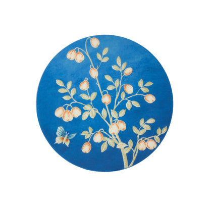 Set of 4 blue Chinoiserie lacquered coasters, exclusively designed by Sarah David Ross, featuring a high-gloss finish with 20 hand-polished lacquer coats, measuring 12 x 12 cm.