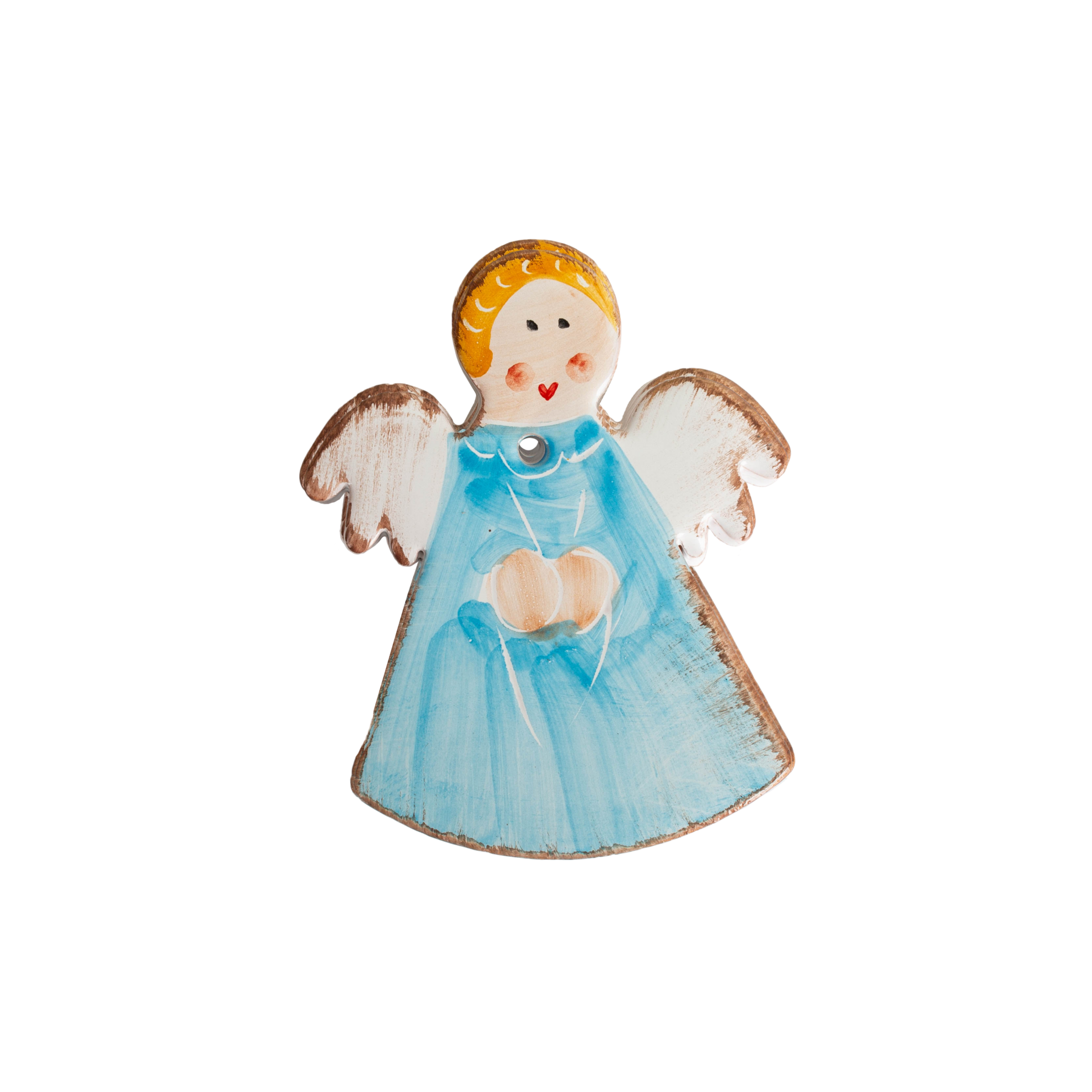 Blue Angel Bread Warmer made of natural terracotta, hand-crafted in Italy to keep bread and buns warm; angel shape for a stylish addition to any bread basket.