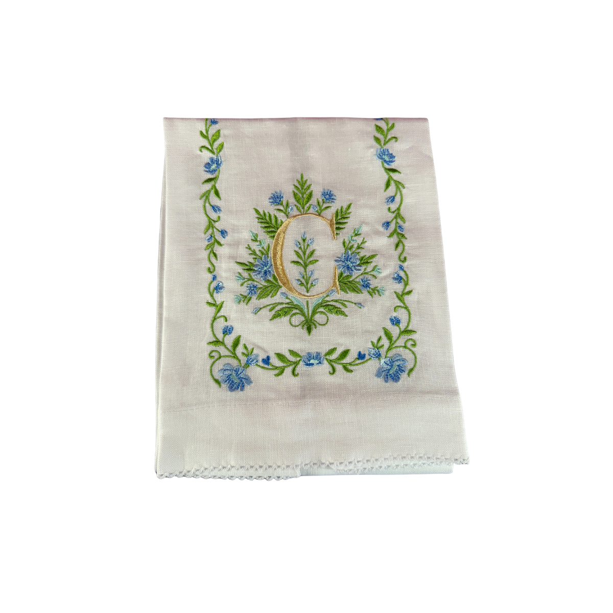 Floral Embroidered Monogram Linen Towel - Blue
