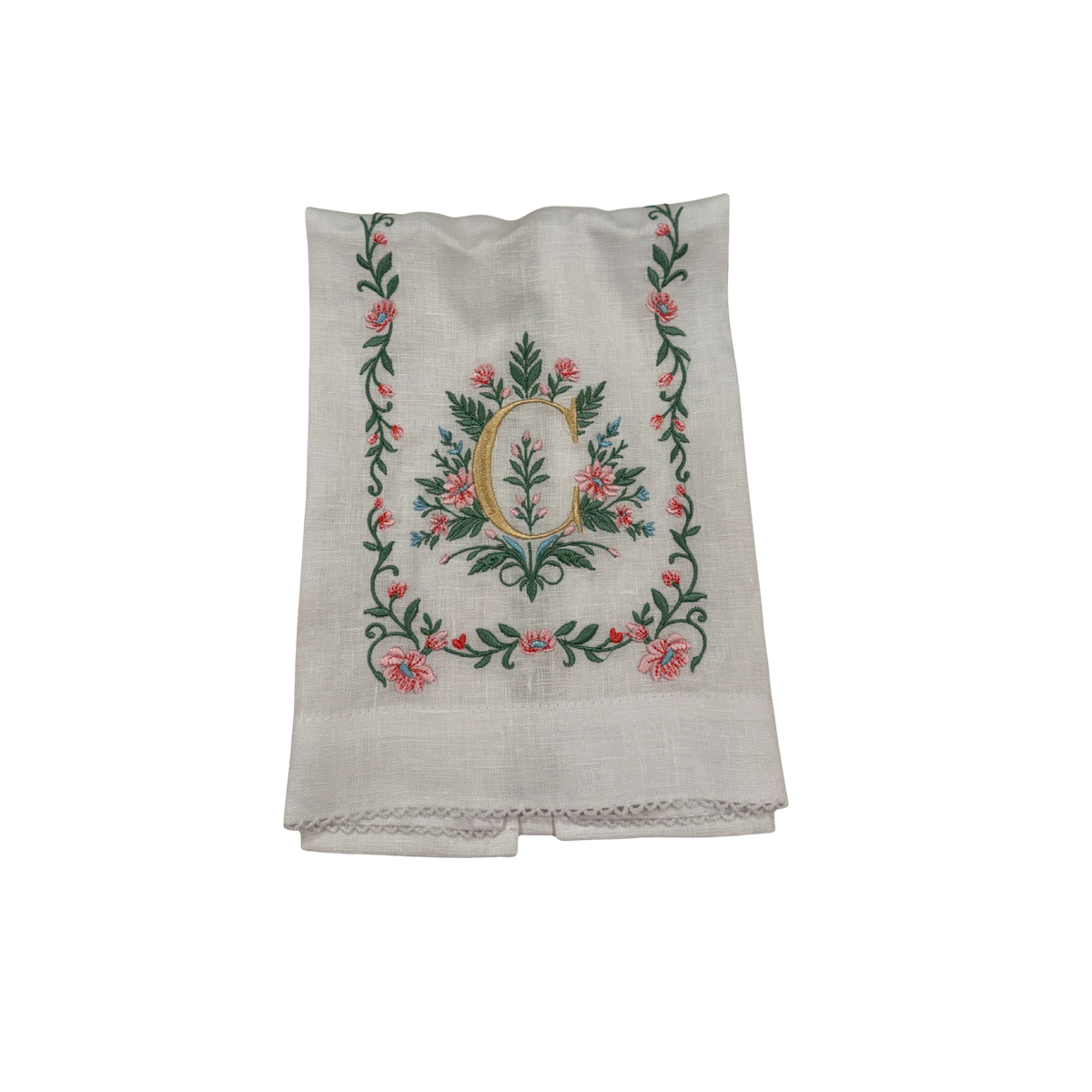 Floral Embroidered Monogram Linen Towel - Pink