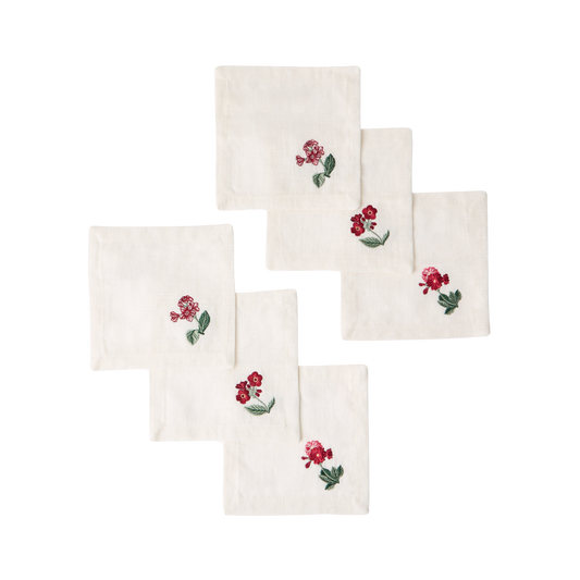 Floral Medley Embroidered Cocktail Linen Napkins - Set of 6