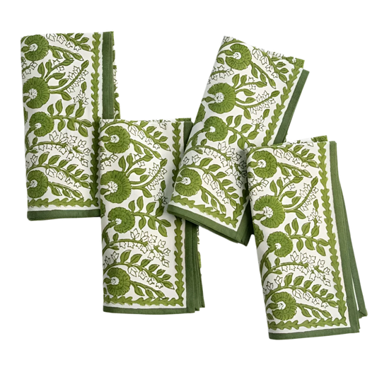 Set of four Cactus Flower Lettuce Green Napkins, 100% cotton, with a hand-block printed floral design in green. Perfect for casual and formal dining. Each napkin measures 20" x 20".