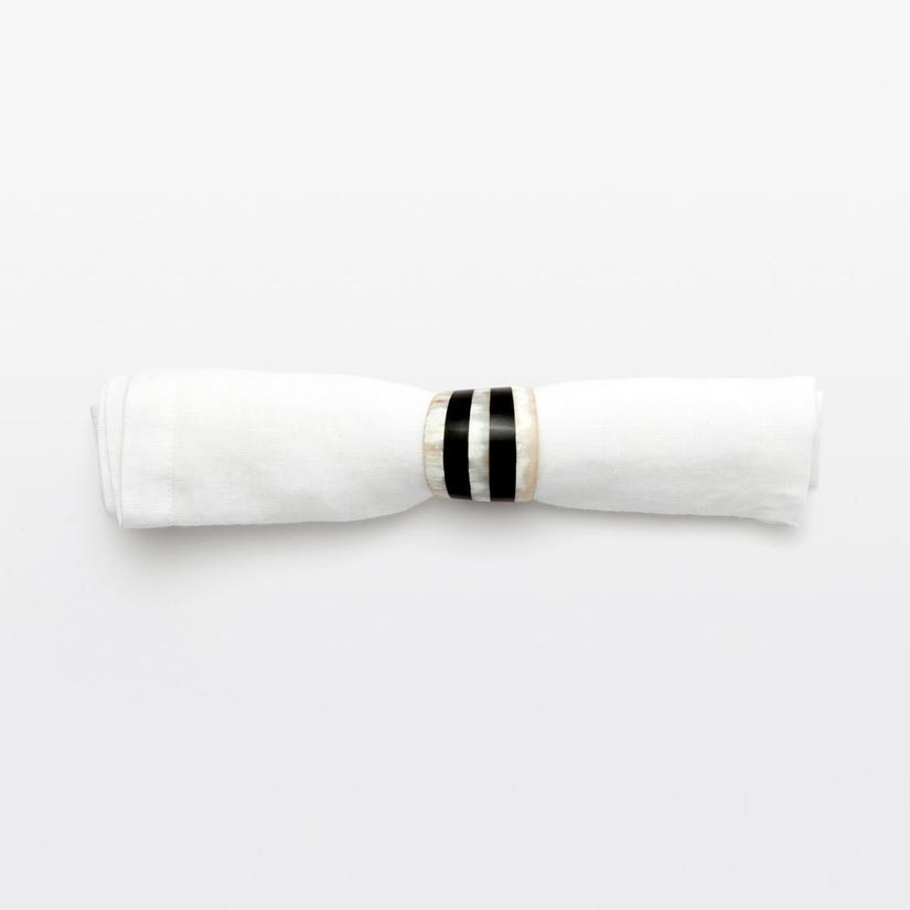 Cameron Napkin Rings, set of 4, made from black-and-white-striped horn. Chic and sophisticated, perfect for elegant table settings. Easy to clean and maintain.