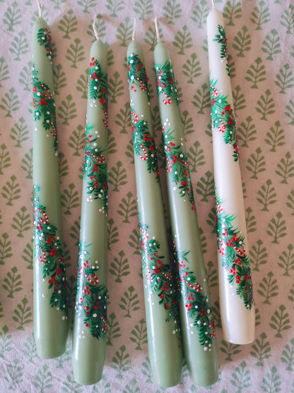 Candy Cane hand-painted green taper candle, gift-wrapped and crafted with love. Up to 5 hours of burn time. Handle with care to protect the design.