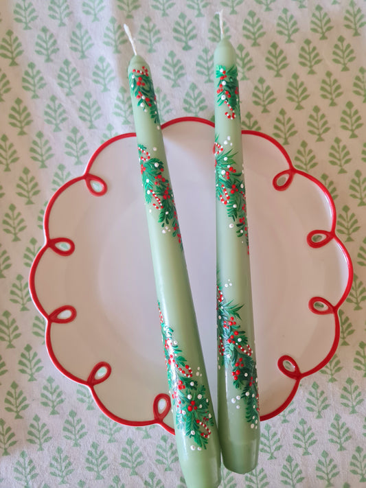 Candy Cane hand-painted green taper candle, gift-wrapped and crafted with love. Up to 5 hours of burn time. Handle with care to protect the design.