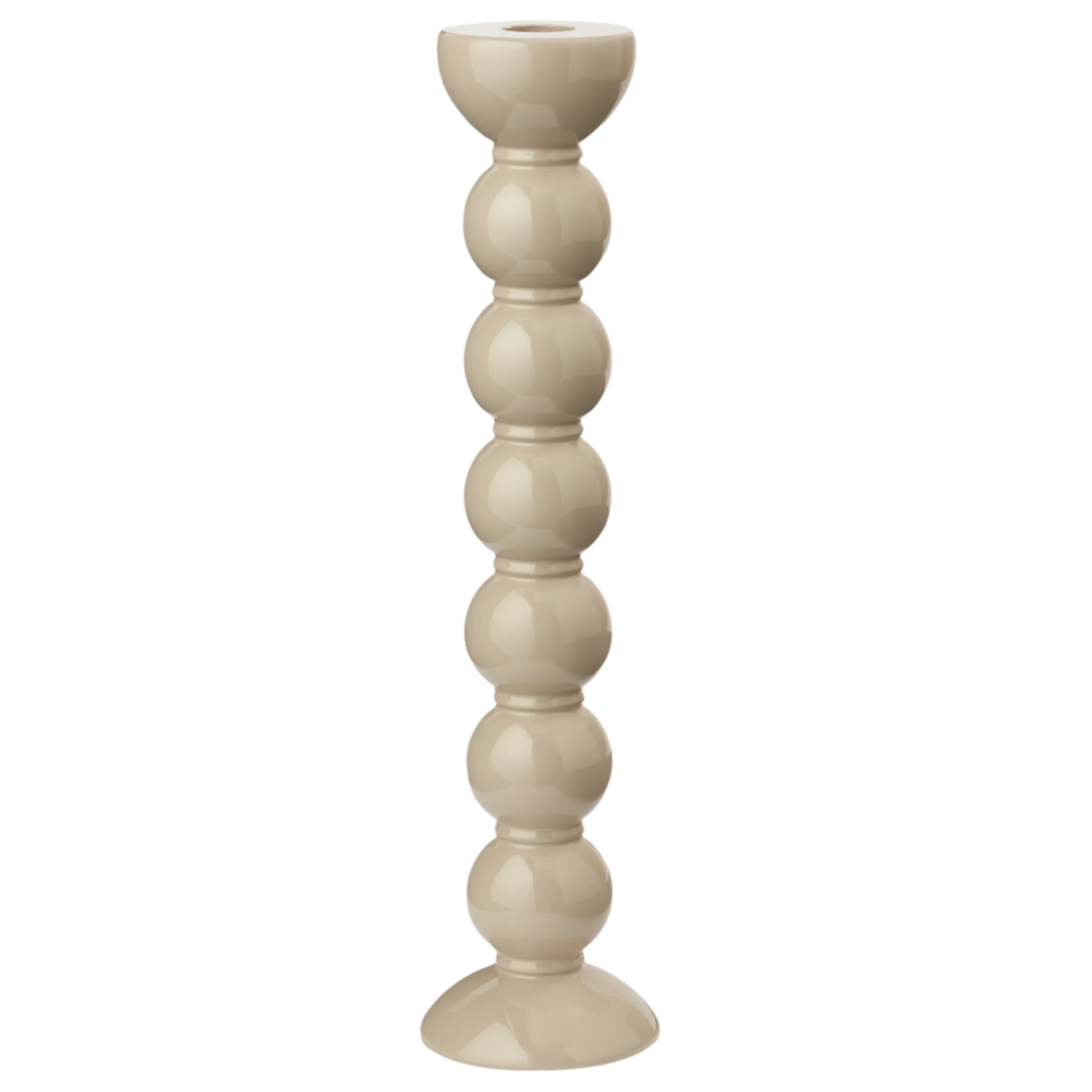 Extra tall cappuccino lacquered bobbin-shaped candlestick made from FSC-certified rubber wood, with a glossy hand-polished finish, designed for standard dinner candles.