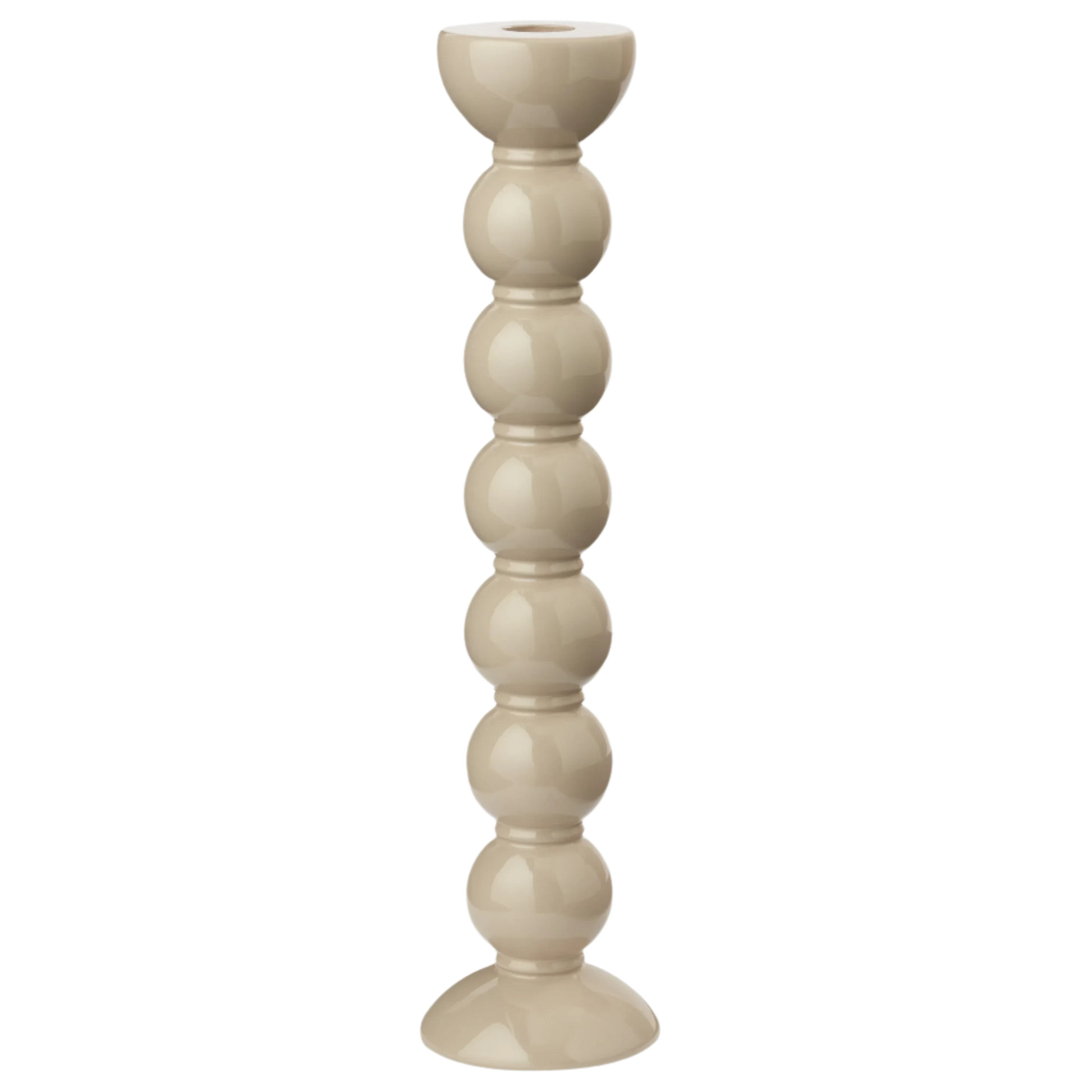 Extra tall cappuccino lacquered bobbin-shaped candlestick made from FSC-certified rubber wood, with a glossy hand-polished finish, designed for standard dinner candles.