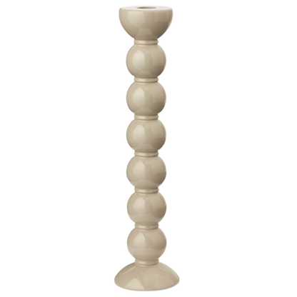 Extra tall cappuccino lacquered bobbin-shaped candlestick made from FSC-certified rubber wood, with a glossy hand-polished finish, designed for standard dinner candles.