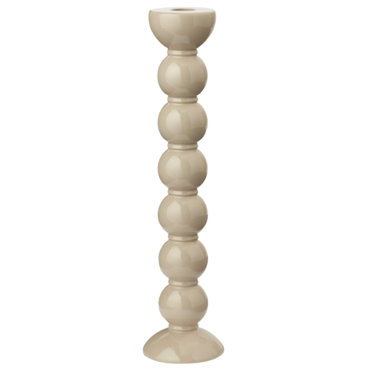 Extra tall cappuccino lacquered bobbin-shaped candlestick made from FSC-certified rubber wood, with a glossy hand-polished finish, designed for standard dinner candles.