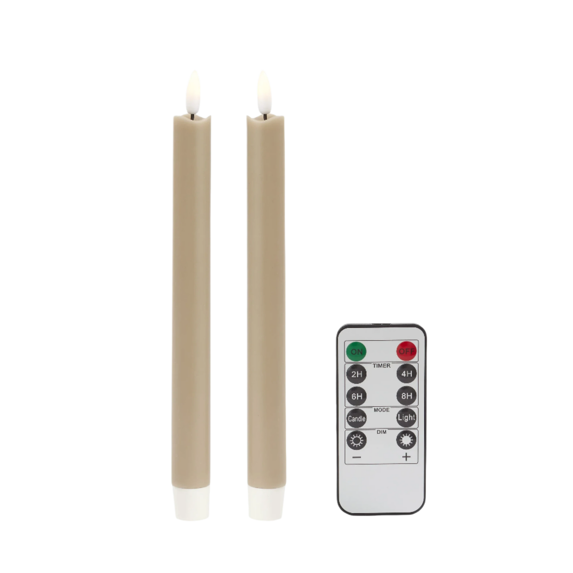 Pair of cappuccino LED battery-powered wax candles, color-matched with lacquered bobbin candlesticks, featuring a real wax exterior, remote control, and flicker mode for a soft twinkle.