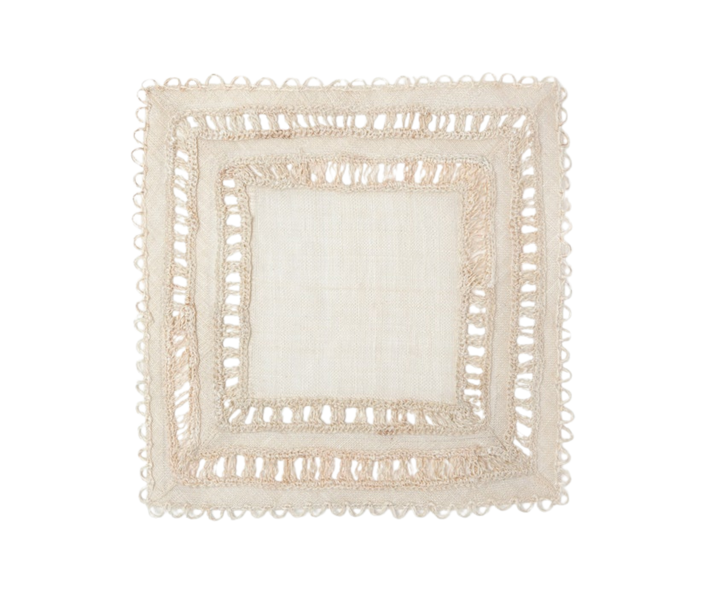 Carmine Square Placemats, set of 4, made from woven abaca with a crocheted bohemian design. Elegant and easy to clean with a damp cloth. Perfect for stylish table settings.