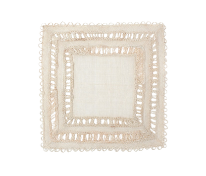 Carmine Square Placemats, set of 4, made from woven abaca with a crocheted bohemian design. Elegant and easy to clean with a damp cloth. Perfect for stylish table settings.