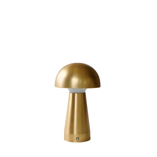 Golden cordless LED lamp with touch dimming and rechargeable battery, perfect for adding a warm, cozy glow to any room. Features a smooth metallic gold finish and modern dome design.