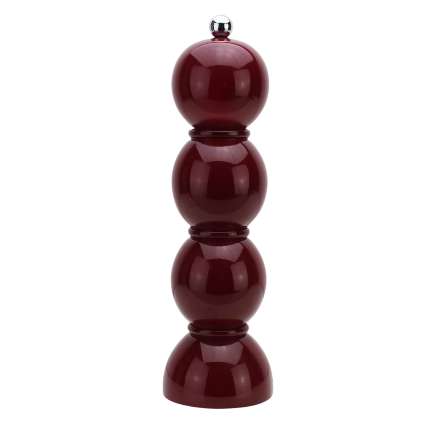 Cherry lacquered bobbin-shaped mill with stainless steel knobs for salt or pepper grinding, made from FSC-certified rubber wood with a glossy, hand-polished finish and a ceramic mechanism.