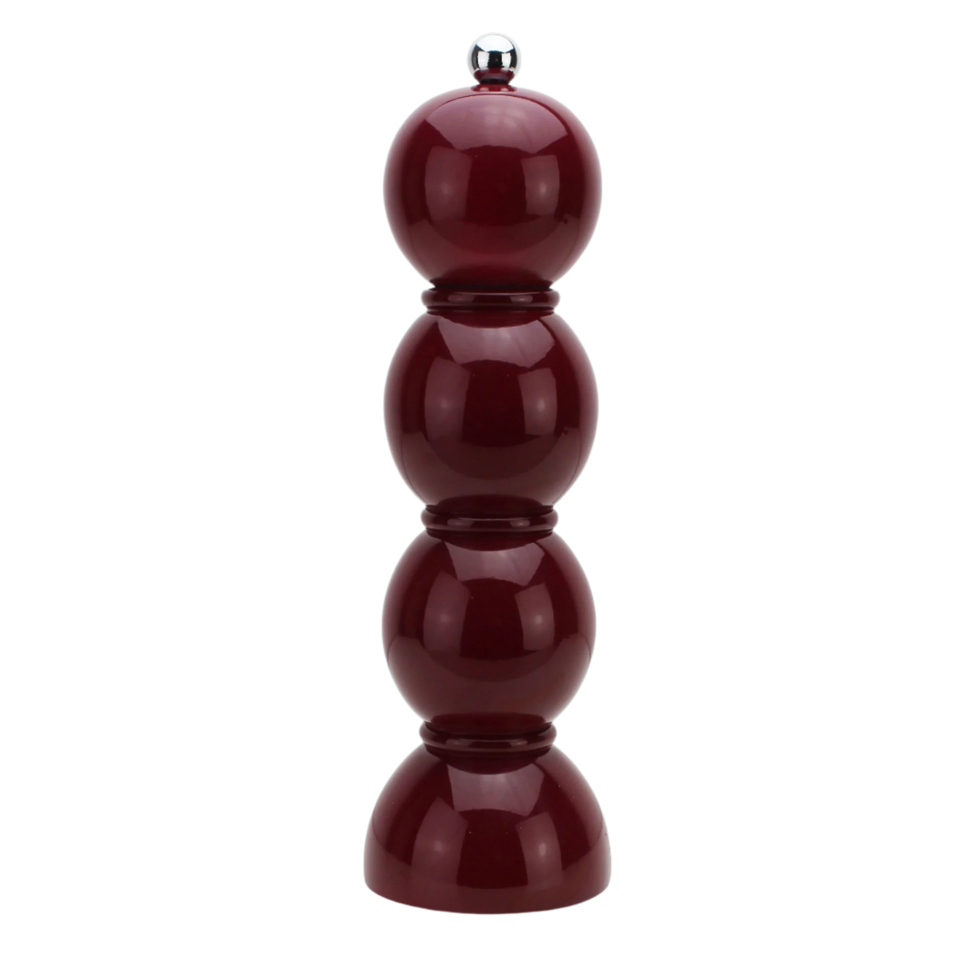 Cherry lacquered bobbin-shaped mill with stainless steel knobs for salt or pepper grinding, made from FSC-certified rubber wood with a glossy, hand-polished finish and a ceramic mechanism.