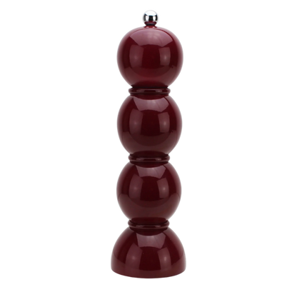 Cherry lacquered bobbin-shaped mill with stainless steel knobs for salt or pepper grinding, made from FSC-certified rubber wood with a glossy, hand-polished finish and a ceramic mechanism.