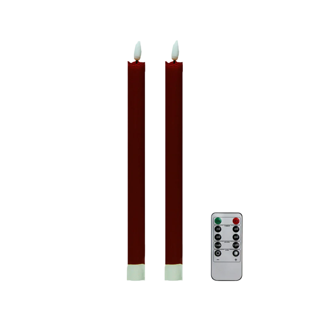 Pair of cherry LED battery-powered wax candles, color-matched with lacquered bobbin candlesticks, featuring a real wax exterior, remote control, and flicker mode for a soft twinkle.