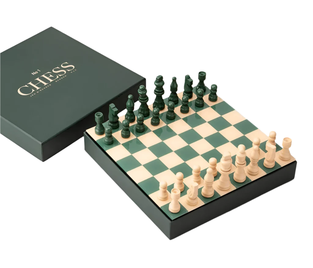 Classic Chess set with wooden pieces and a 25x25 cm MDF board with an acrylic top, accompanied by instructions in English, French, and German. Suitable for two players, ages 5+, perfect for display or play.