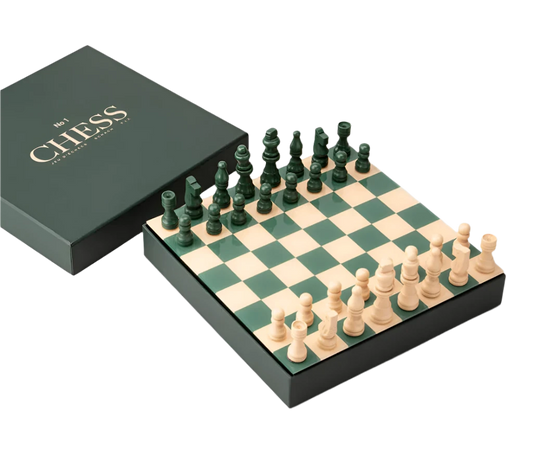 Classic Chess set with wooden pieces and a 25x25 cm MDF board with an acrylic top, accompanied by instructions in English, French, and German. Suitable for two players, ages 5+, perfect for display or play.