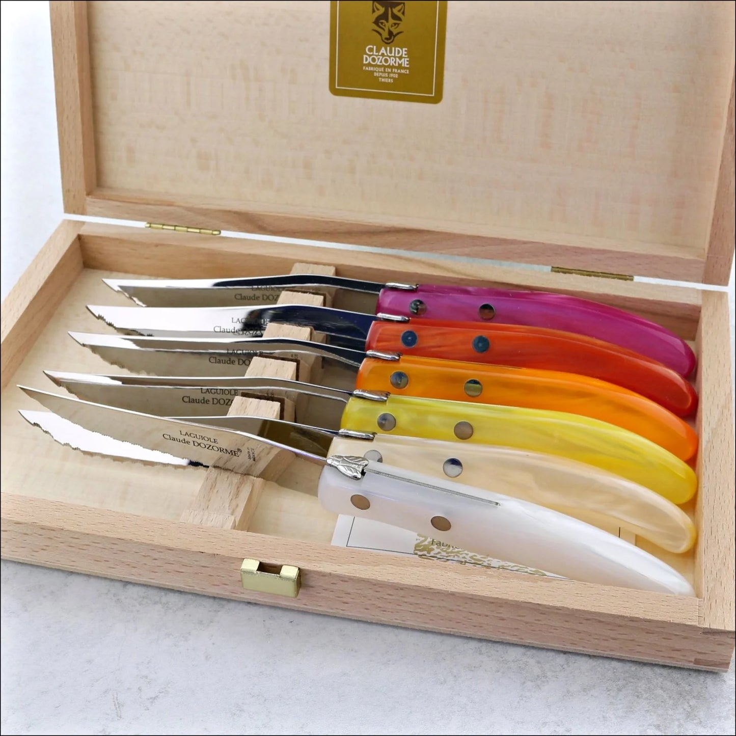 Claude Dozorme Laguiole Steak Knives Set of 6 - Pink - Orange