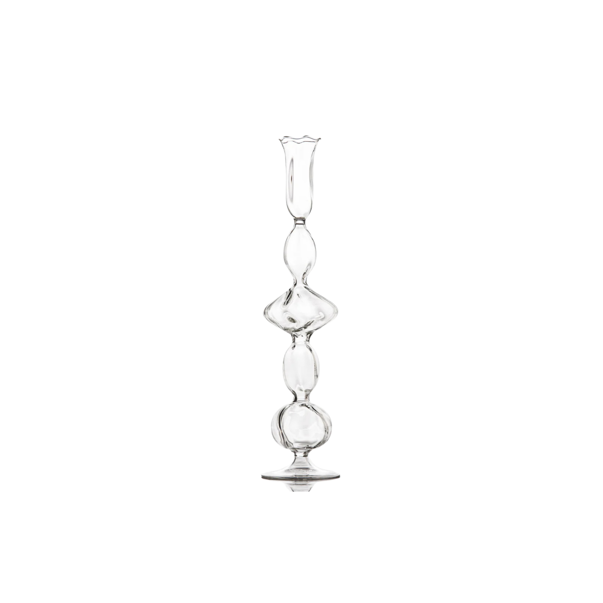 Clear Glass Candlestick with a unique handcrafted flat ball effect, perfect for adding a touch of luxury and warm candlelight to any setting.