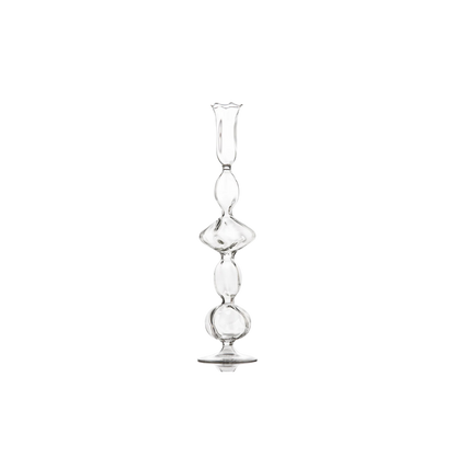 Clear Glass Candlestick with a unique handcrafted flat ball effect, perfect for adding a touch of luxury and warm candlelight to any setting.