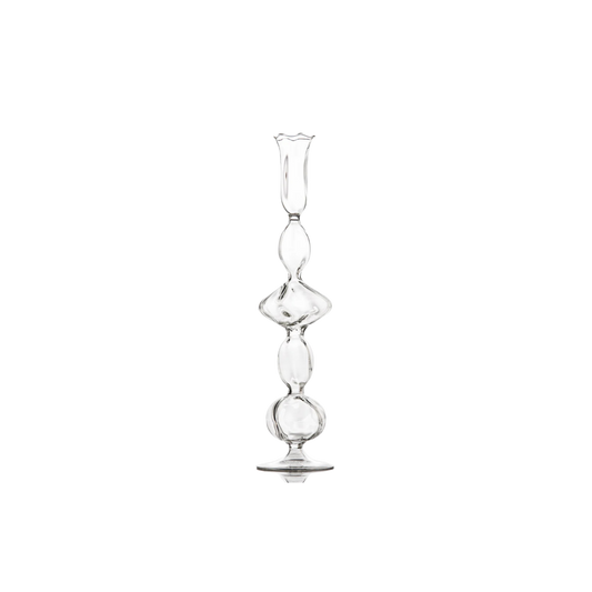 Clear Glass Candlestick with a unique handcrafted flat ball effect, perfect for adding a touch of luxury and warm candlelight to any setting.