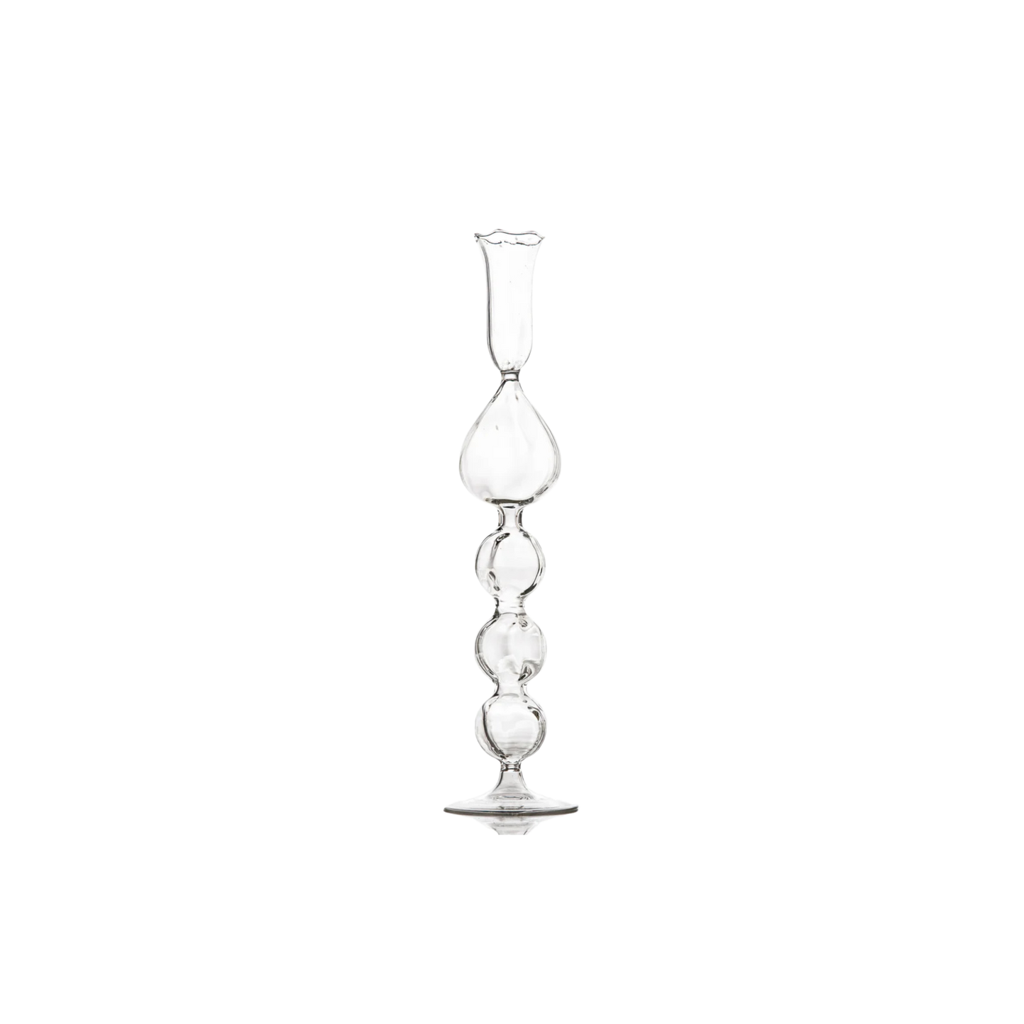 Clear Glass Candlestick with a unique handcrafted teardrop effect, perfect for adding a touch of luxury and warm candlelight to any setting.