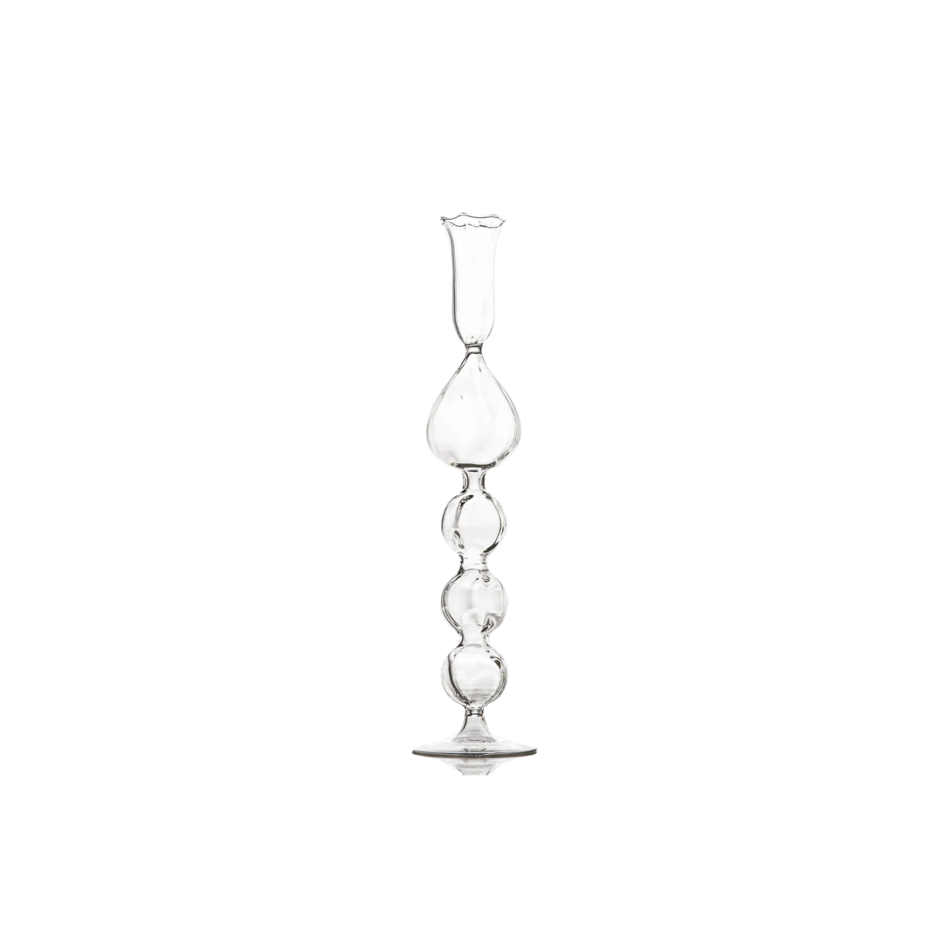 Clear Glass Candlestick with a unique handcrafted teardrop effect, perfect for adding a touch of luxury and warm candlelight to any setting.