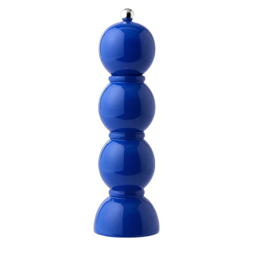 Cobalt blue lacquered bobbin-shaped mill with stainless steel knobs for salt or pepper grinding, made from FSC-certified rubber wood with a glossy, hand-polished finish and a ceramic mechanism.