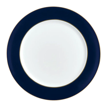 Cobalt Gold Service Plate, made from fine bone china in England. Elegant and durable, ideal as a charger. Dishwasher safe, handwashing recommended for long-lasting use. Not microwave safe.