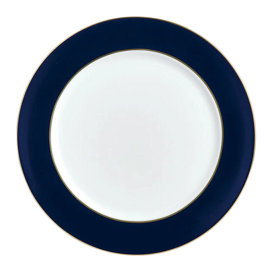 Cobalt Gold Service Plate, made from fine bone china in England. Elegant and durable, ideal as a charger. Dishwasher safe, handwashing recommended for long-lasting use. Not microwave safe.