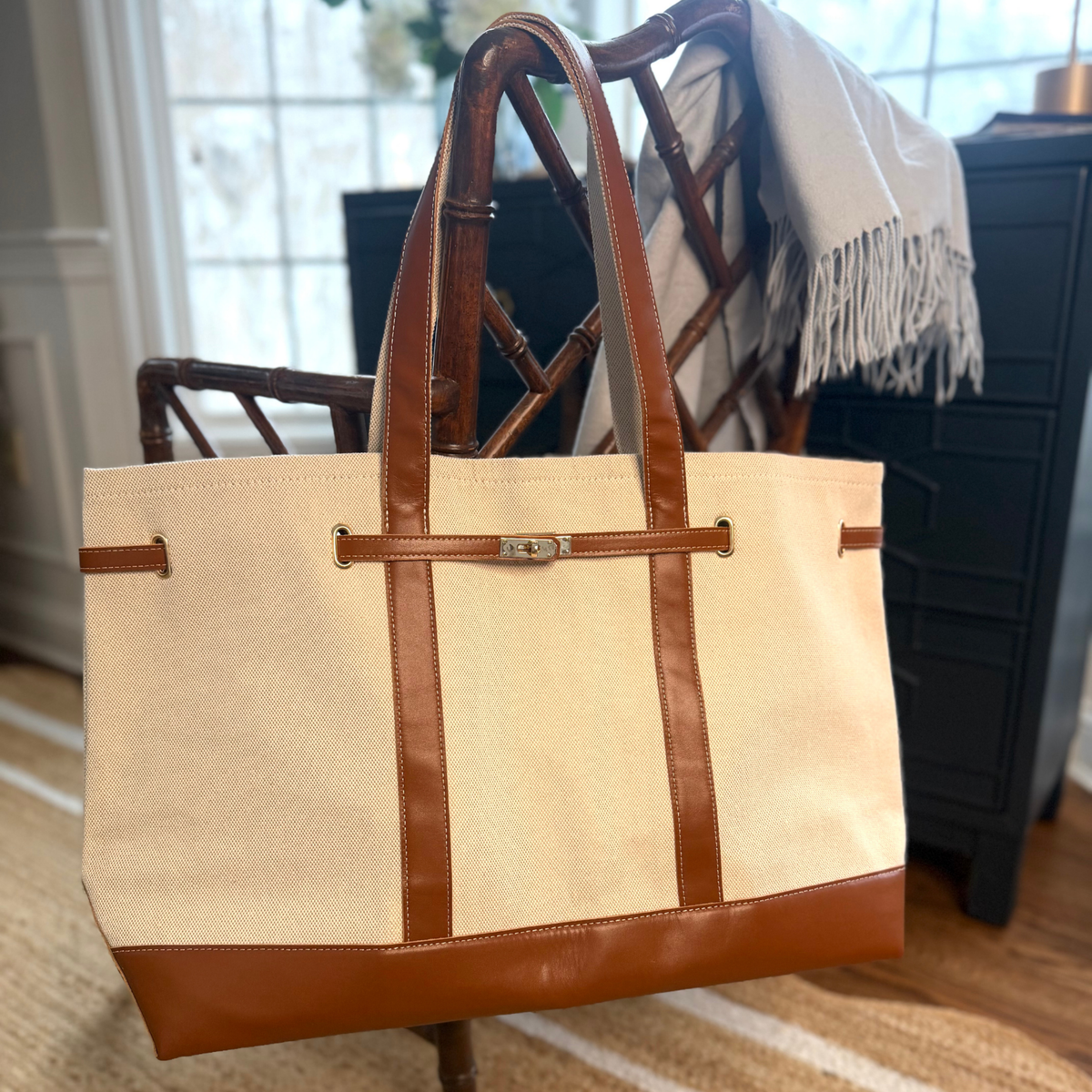 Charleston Extra Large Leather Carryall Tote - Cognac