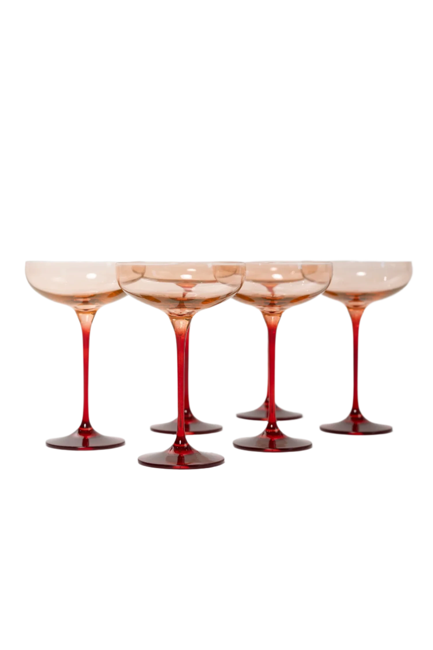 Blush Pink and Red Colored Champagne Coupe Set of 6, hand-blown by artisans in Poland. Lead, cadmium, and BPA-free glassware, 7.25 inches tall with an 8.25-ounce capacity. Limited edition.