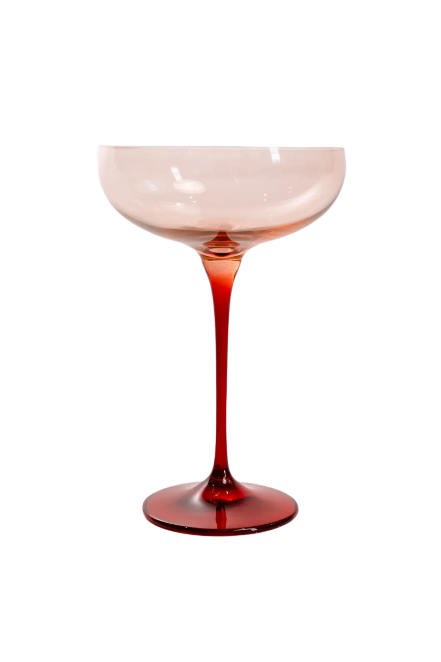 Blush Pink and Red Colored Champagne Coupe Set of 6, hand-blown by artisans in Poland. Lead, cadmium, and BPA-free glassware, 7.25 inches tall with an 8.25-ounce capacity. Limited edition.