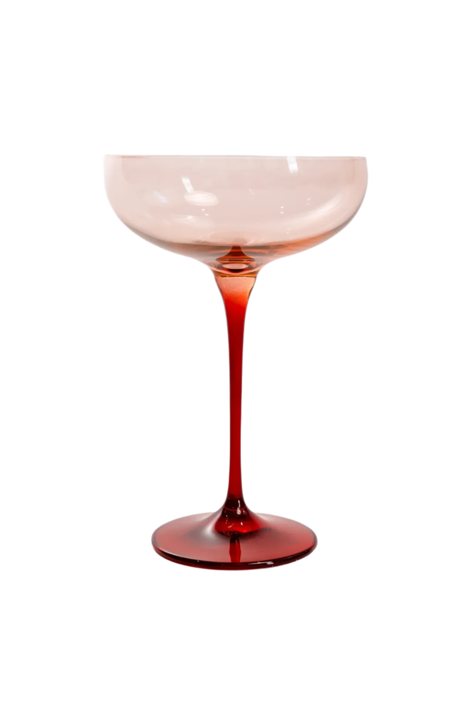 Blush Pink and Red Colored Champagne Coupe Set of 6, hand-blown by artisans in Poland. Lead, cadmium, and BPA-free glassware, 7.25 inches tall with an 8.25-ounce capacity. Limited edition.