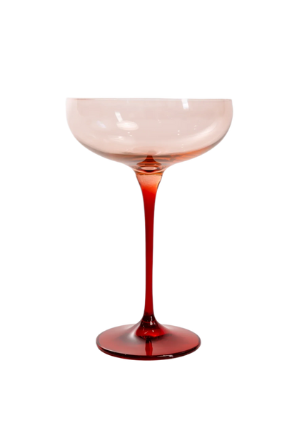 Blush Pink and Red Colored Champagne Coupe Set of 6, hand-blown by artisans in Poland. Lead, cadmium, and BPA-free glassware, 7.25 inches tall with an 8.25-ounce capacity. Limited edition.