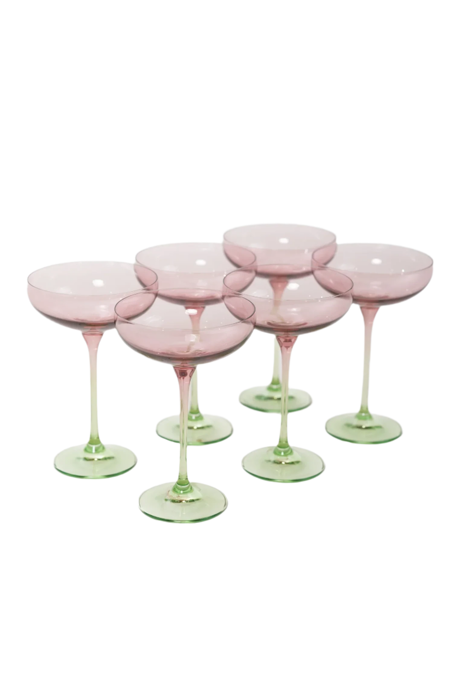 Rose and Mint Colored Champagne Coupe Set of 6, hand-blown by artisans in Poland. Lead, cadmium, and BPA-free glassware, 7.25 inches tall with an 8.25-ounce capacity. Limited edition.