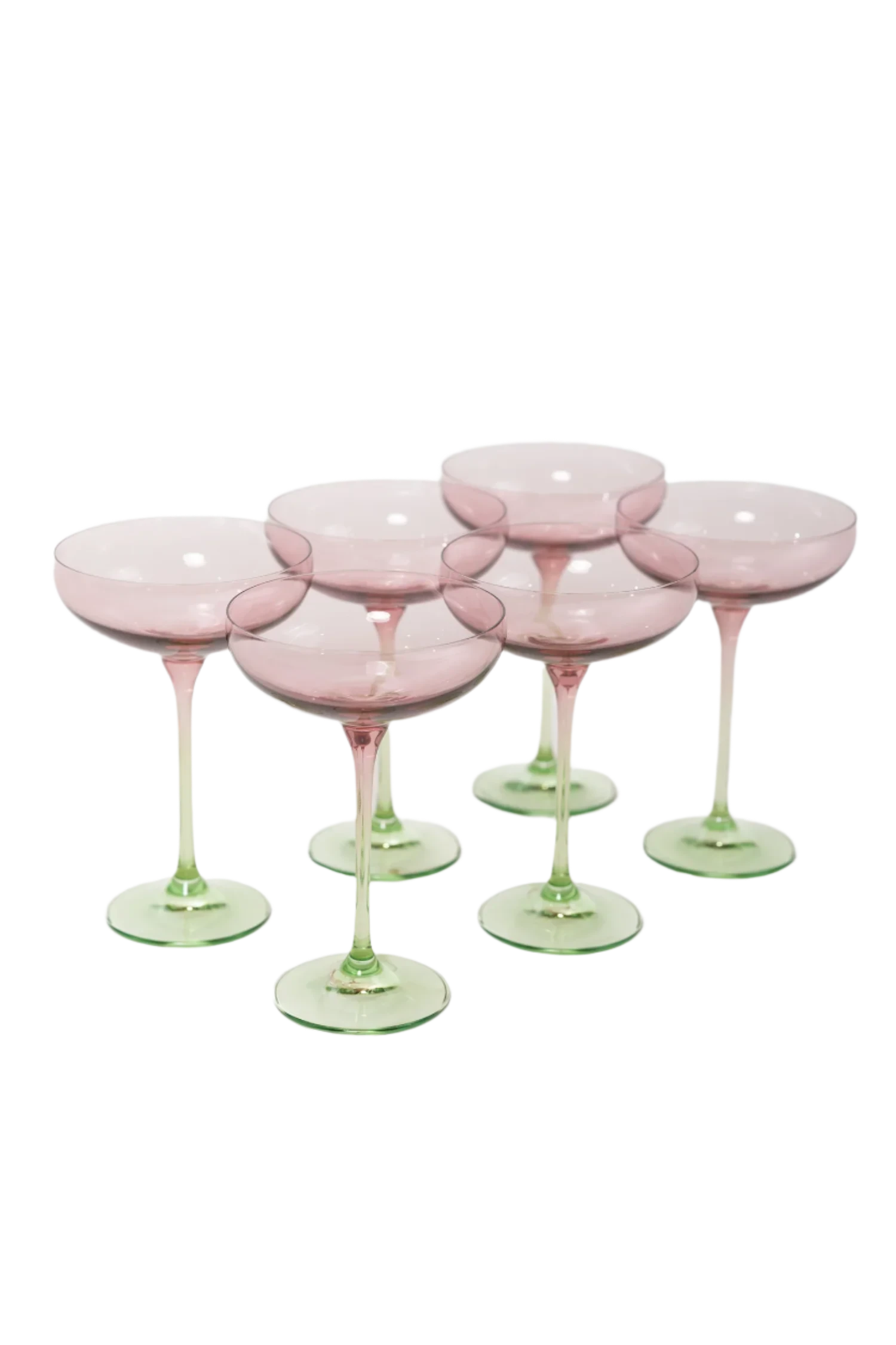 Rose and Mint Colored Champagne Coupe Set of 6, hand-blown by artisans in Poland. Lead, cadmium, and BPA-free glassware, 7.25 inches tall with an 8.25-ounce capacity. Limited edition.