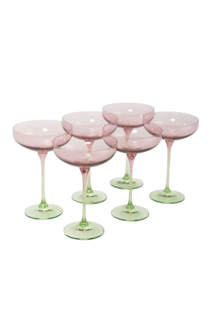 Rose and Mint Colored Champagne Coupe Set of 6, hand-blown by artisans in Poland. Lead, cadmium, and BPA-free glassware, 7.25 inches tall with an 8.25-ounce capacity. Limited edition.