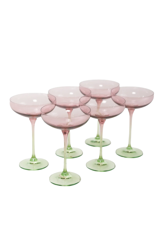 Rose and Mint Colored Champagne Coupe Set of 6, hand-blown by artisans in Poland. Lead, cadmium, and BPA-free glassware, 7.25 inches tall with an 8.25-ounce capacity. Limited edition.