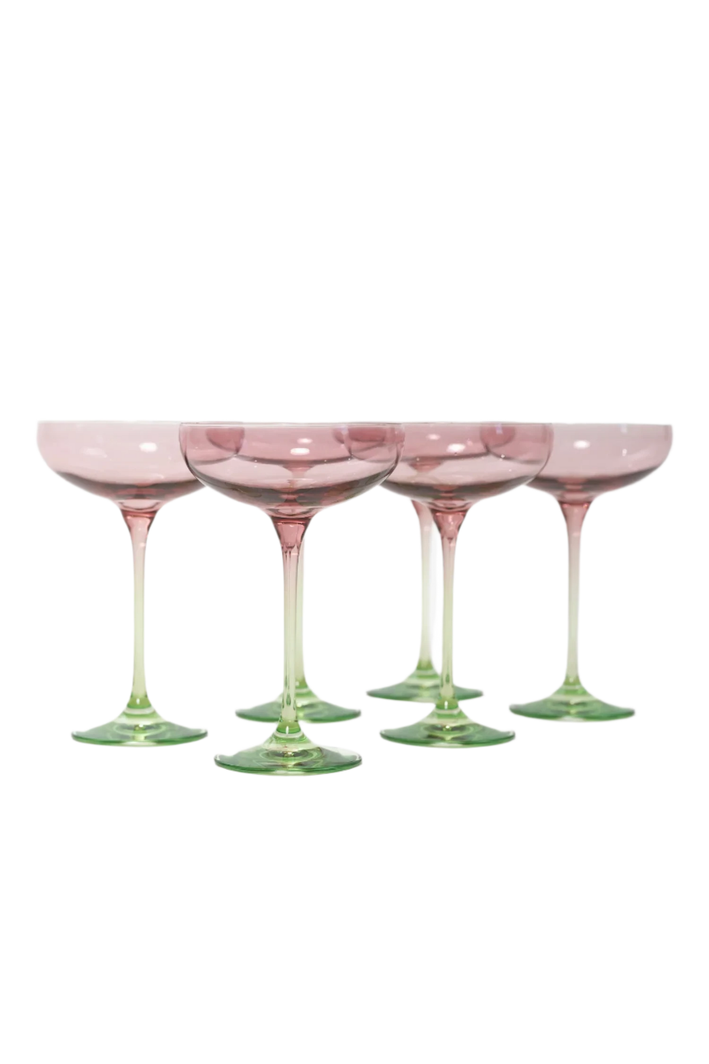 Rose and Mint Colored Champagne Coupe Set of 6, hand-blown by artisans in Poland. Lead, cadmium, and BPA-free glassware, 7.25 inches tall with an 8.25-ounce capacity. Limited edition.