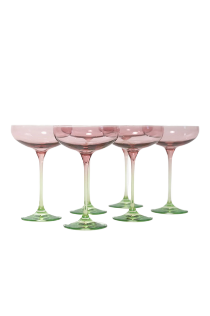 Rose and Mint Colored Champagne Coupe Set of 6, hand-blown by artisans in Poland. Lead, cadmium, and BPA-free glassware, 7.25 inches tall with an 8.25-ounce capacity. Limited edition.